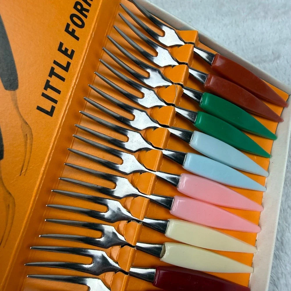 Vintage Little Fork Stainless Steel Appetizer Set 12pc Multi Color Mid Century